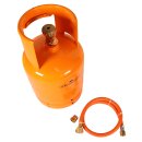 SET Leere orange befüllbare Gasflasche 3 kg Propan Butan Flasche mit Kragen+ Adapter + Umfüllschlauch Propan Butan
