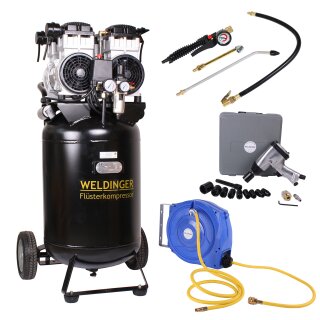 Aktionsset WELDINGER Flüsterkompressor FK320 pro up mit Automatik-Schlauchaufroller, Schlagschrauber und Reifenfüllset profi