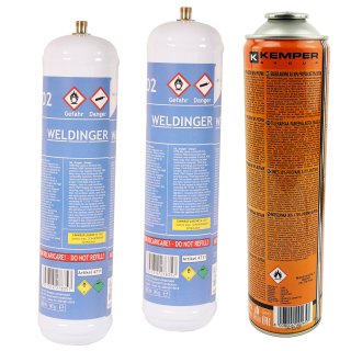 Set 2x WELDINGER Sauerstoff 1 Liter M12x1 rechts 1x Brenngas Supergas 600 ml