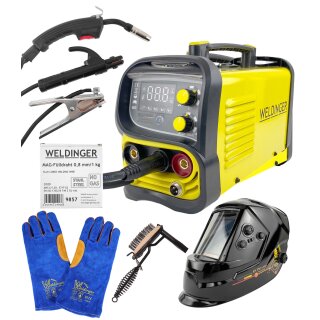 Aktion WELDINGER Fülldrahtschweißgerät ME 130 mini FLUX Schweißhelm Schlackehammer Handschuhe