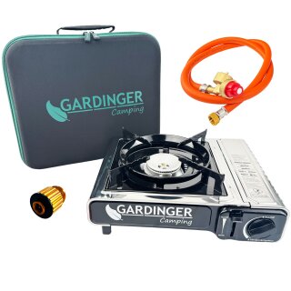 GARDINGER Camping Universal-Kartuschen Kocher Safety Camp Allgas einflammig Piezo Zündsicherung Adapterschlauch Softbox