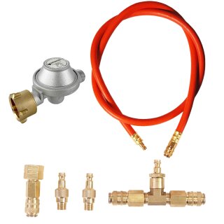 Anschlussset für 2 Kartuschengeräte wie Quicky Gasgrill 1,3m Adapterschlauch mit Schnellkupplung beide Seiten und Regler 2,5bar
