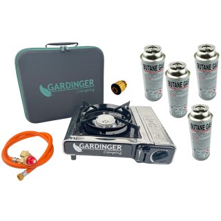 GARDINGER Campingkocher Safety Camp Allgas Piezo Zündsicherung Set mit vier Kartuschen
